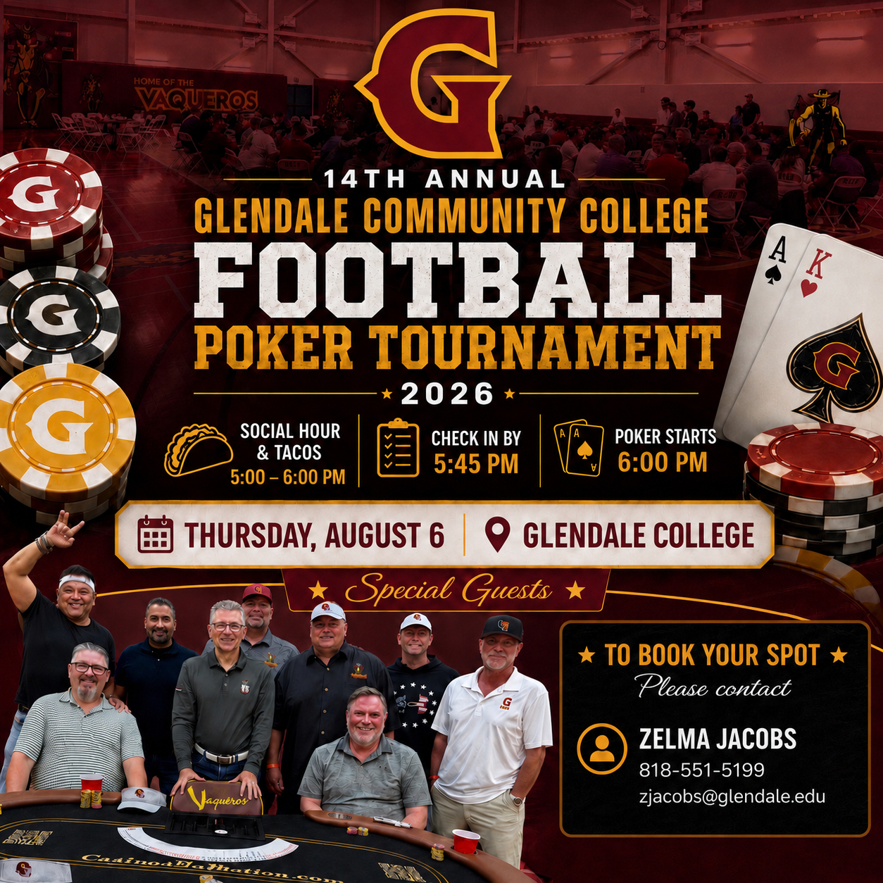 The image showcases the 14th annual Glendale Community College Football Poker Tournament, scheduled for August 6, 2026 with social hour & tacos from 5 to 6 PM, check-in by 5:45 PM, and a poker start time at 6 PM. To book your spot, contact Zelma Jacobs at 818-551-5199 or email zjacobs@glendale.edu 